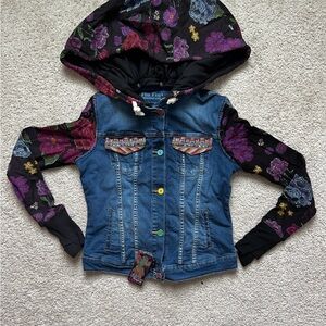 Ay Güey Convertible Denim Hoodie Jacket Removable Hood Turns to Bag Floral Skull